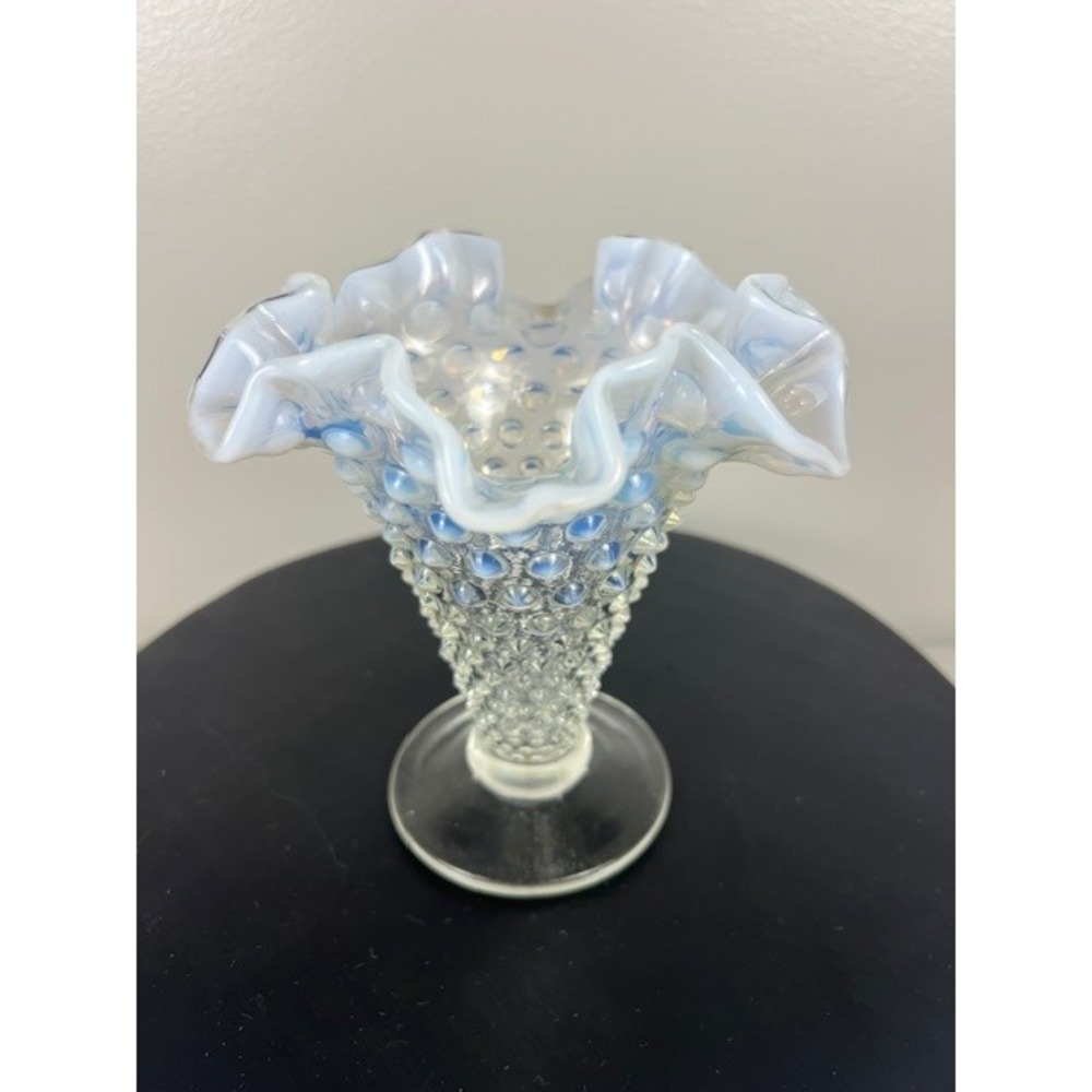 VTG Fenton French Opalescent Hobnail Glass Ruffled Trumpet Vase Vintage 5.5 Inch